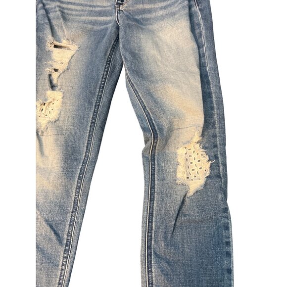 Hollister Distressed Crop Skinny Jeans Lace Fabric at Holes Leather Patch Sz 5 - Picture 2 of 7